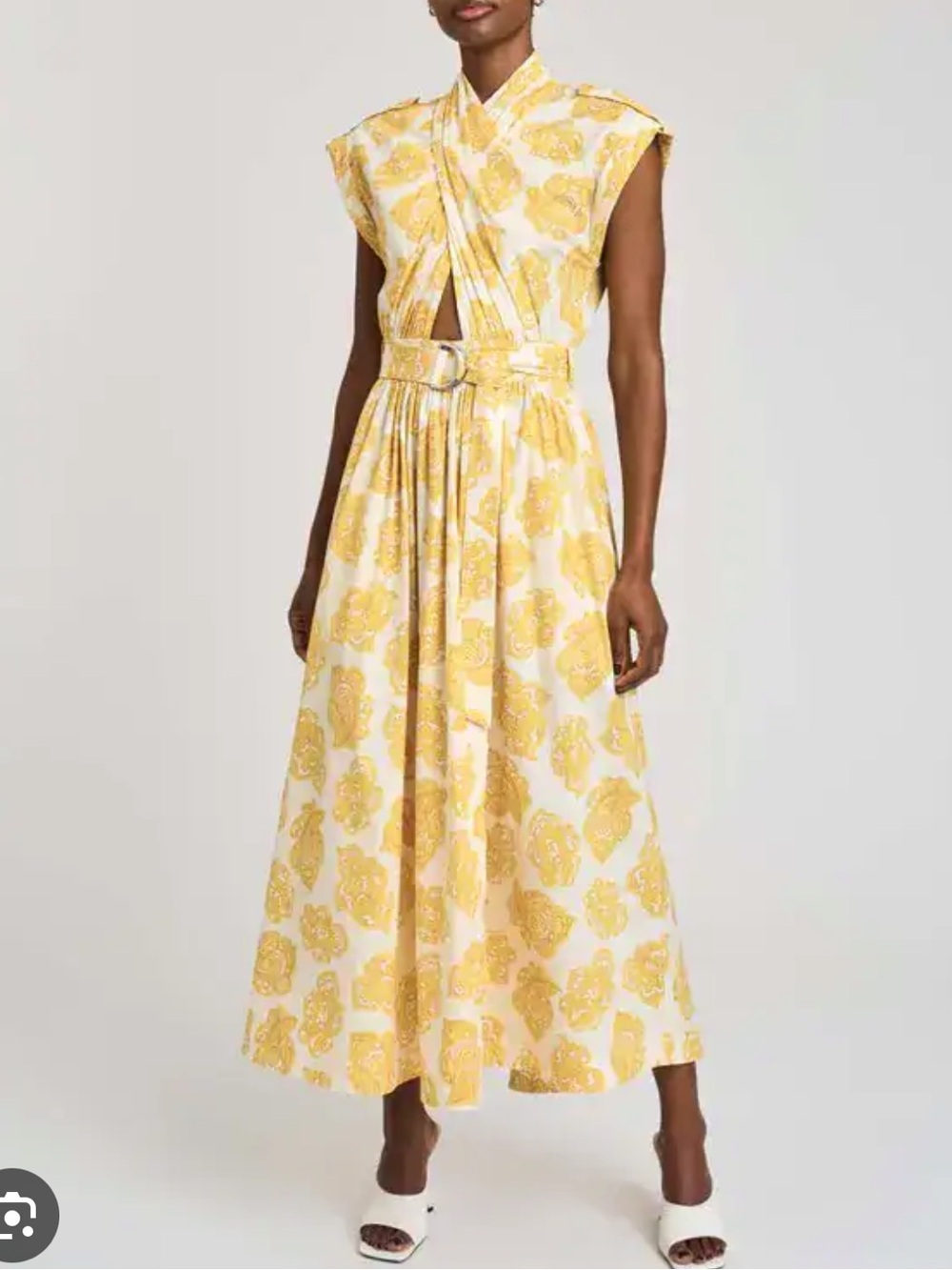 Derek Lam Yellow Floral Wrap Midi Dress with Belted Waist